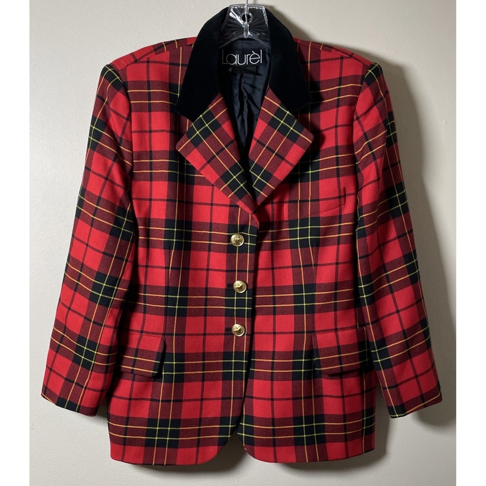 Laurel By Escada Red Tartan Plaid Velvet Collar Wool Gold Button Blazer Medium